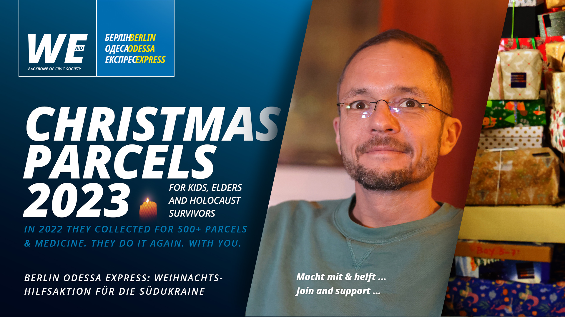 Christmas parcel campaign 2023 of the initiativeBerlinOdessaExpress - Gifts for children elders and Holocaust-survivors. And also medicine.